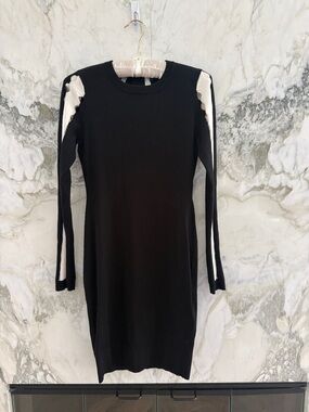 Karen Millen Black Dress with Cream Sleeve Stripes